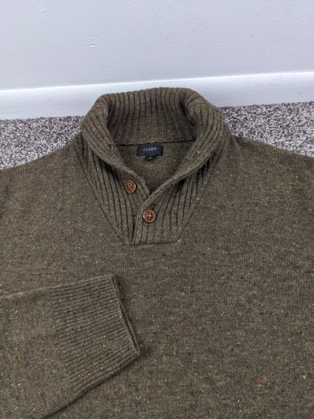 J Crew Sweater Wool Blend Shawl Collar Donegal Flecked Green Mens Large